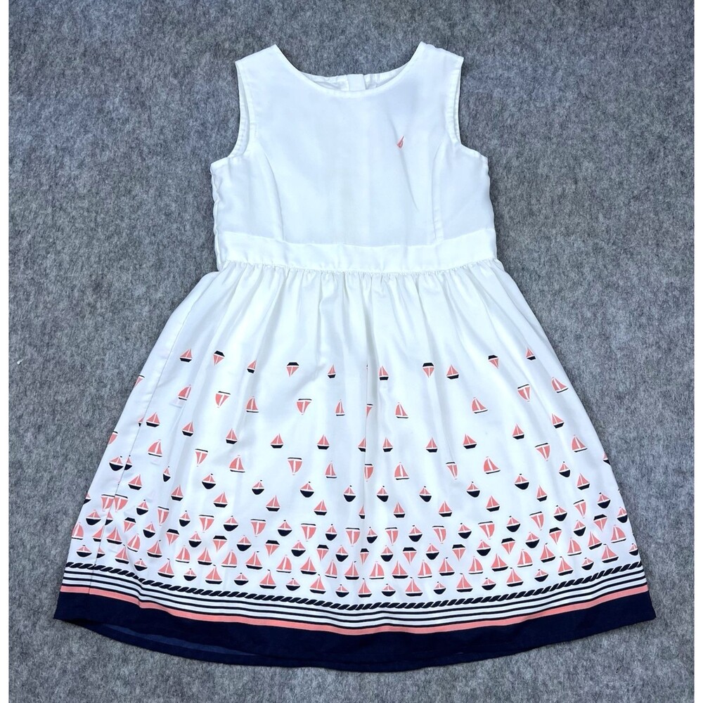 Nautica Girls Dress White Pink Sailboat Print Sleeveless Zip Back Youth Size 6X